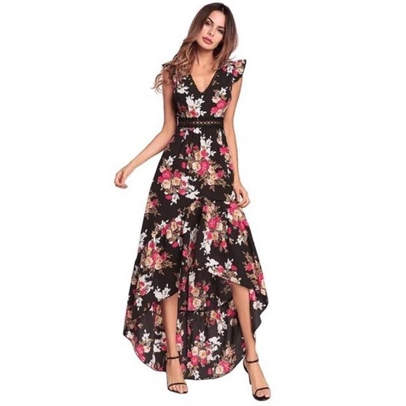 Black Floral Boho High Low Dress With Open Back - Picture 2 of 6